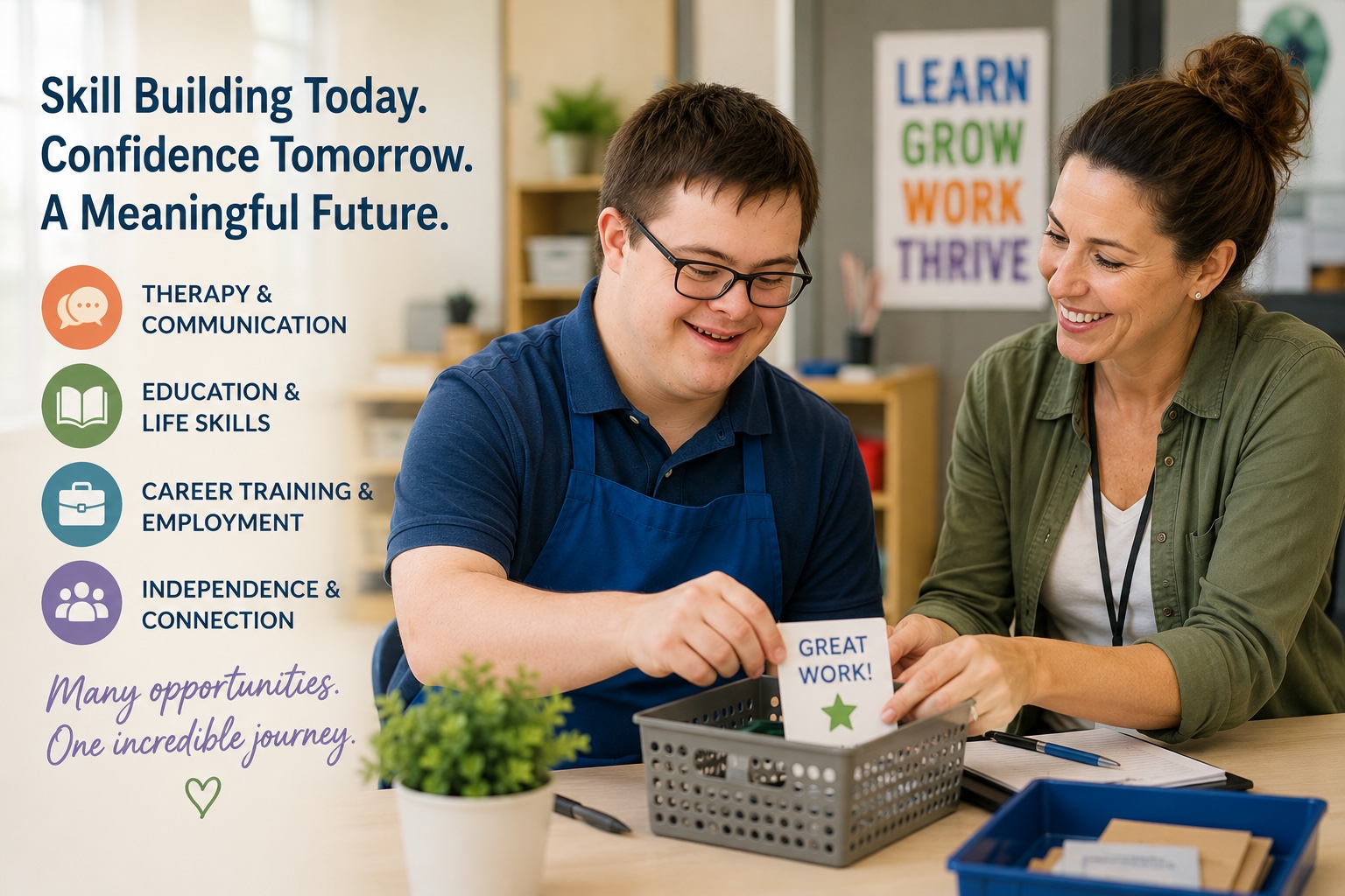 A young adult with Down syndrome participates in a career readiness or life skills program alongside a supportive instructor, smiling as they work together in a bright learning environment that represents lifelong growth through therapeutic, educational, and career training opportunities.