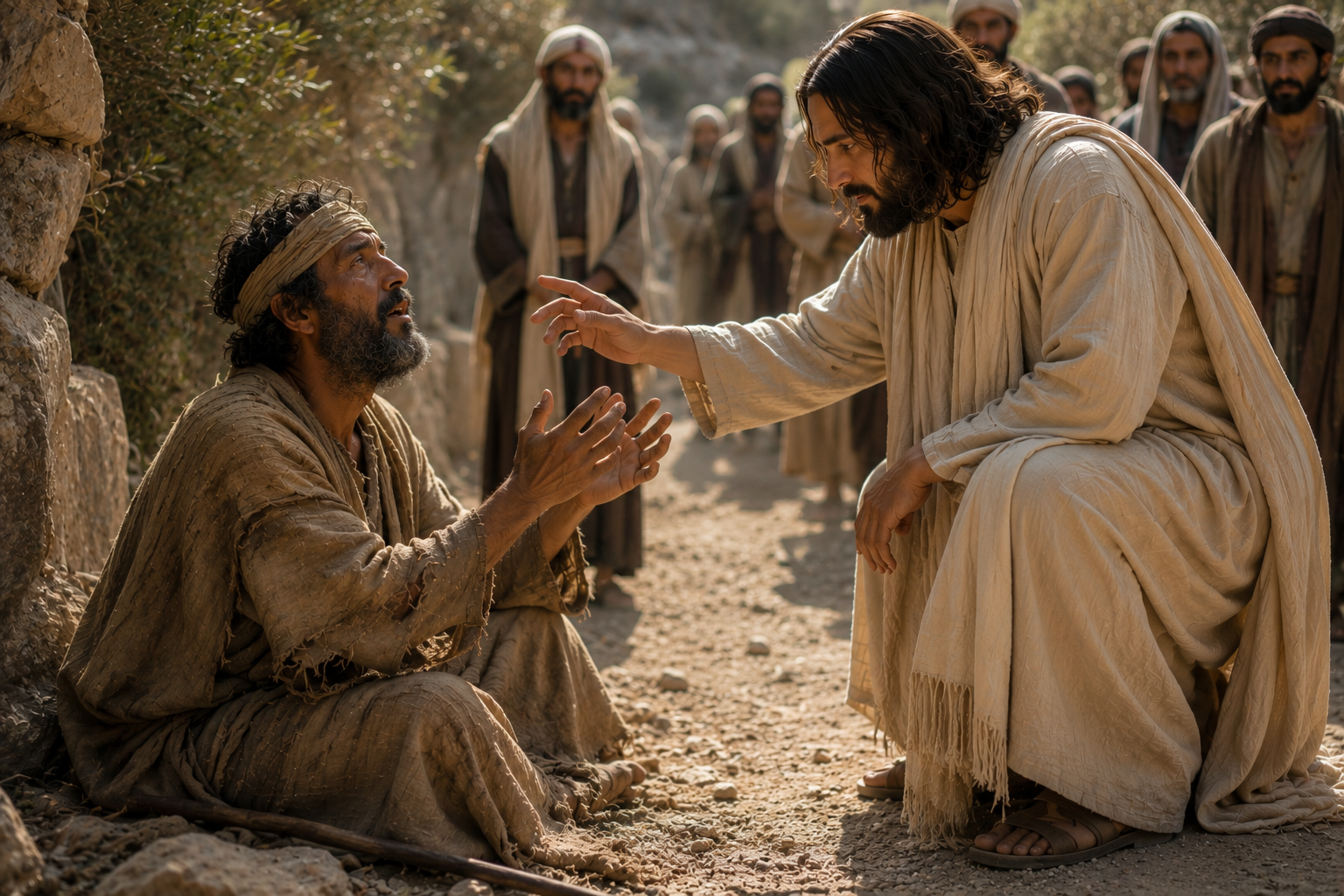 Jesus stops to listen to Bartimaeus, a blind man who called out to him despite the crowd telling him to be quiet, illustrating Mark 10.