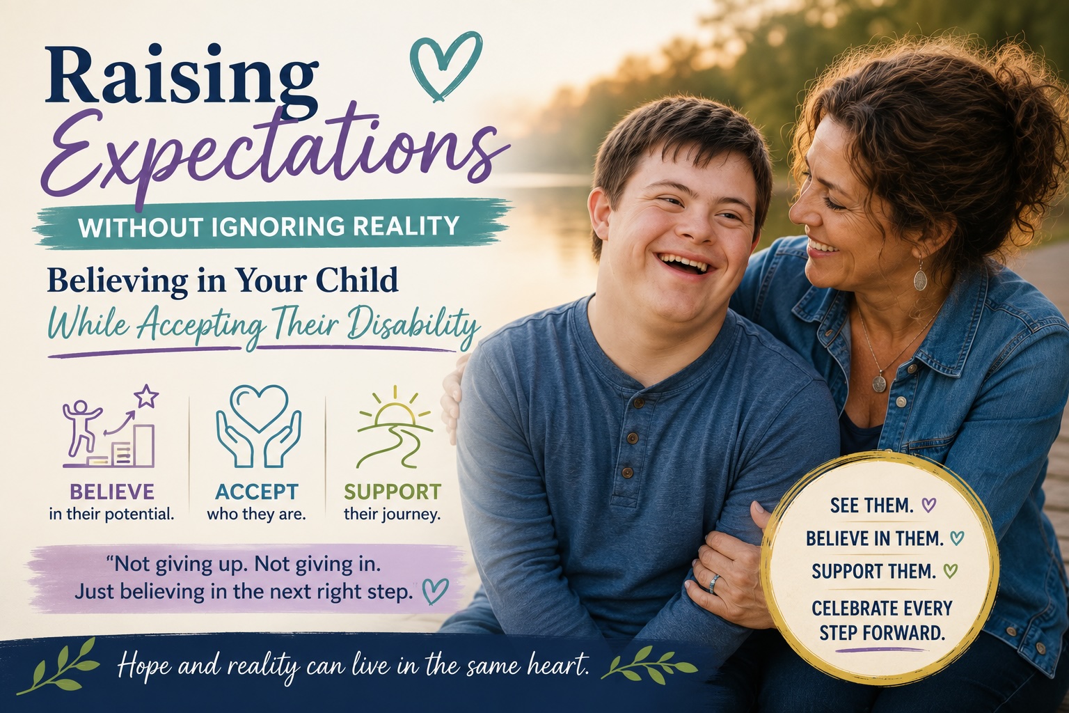 A smiling mother embraces her young adult son with Down syndrome beside uplifting text about raising expectations while accepting disability. The warm design emphasizes believing in a child's potential, celebrating progress, and balancing hope with reality.