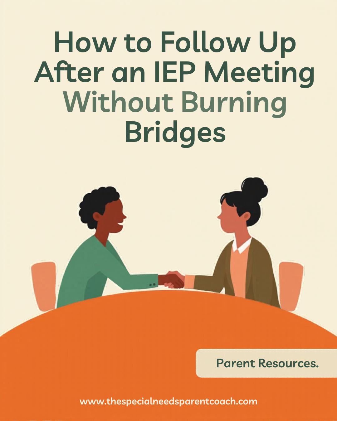 Parent and school staff member shaking hands after an IEP meeting, representing collaborative IEP follow-up, communication, and advocacy