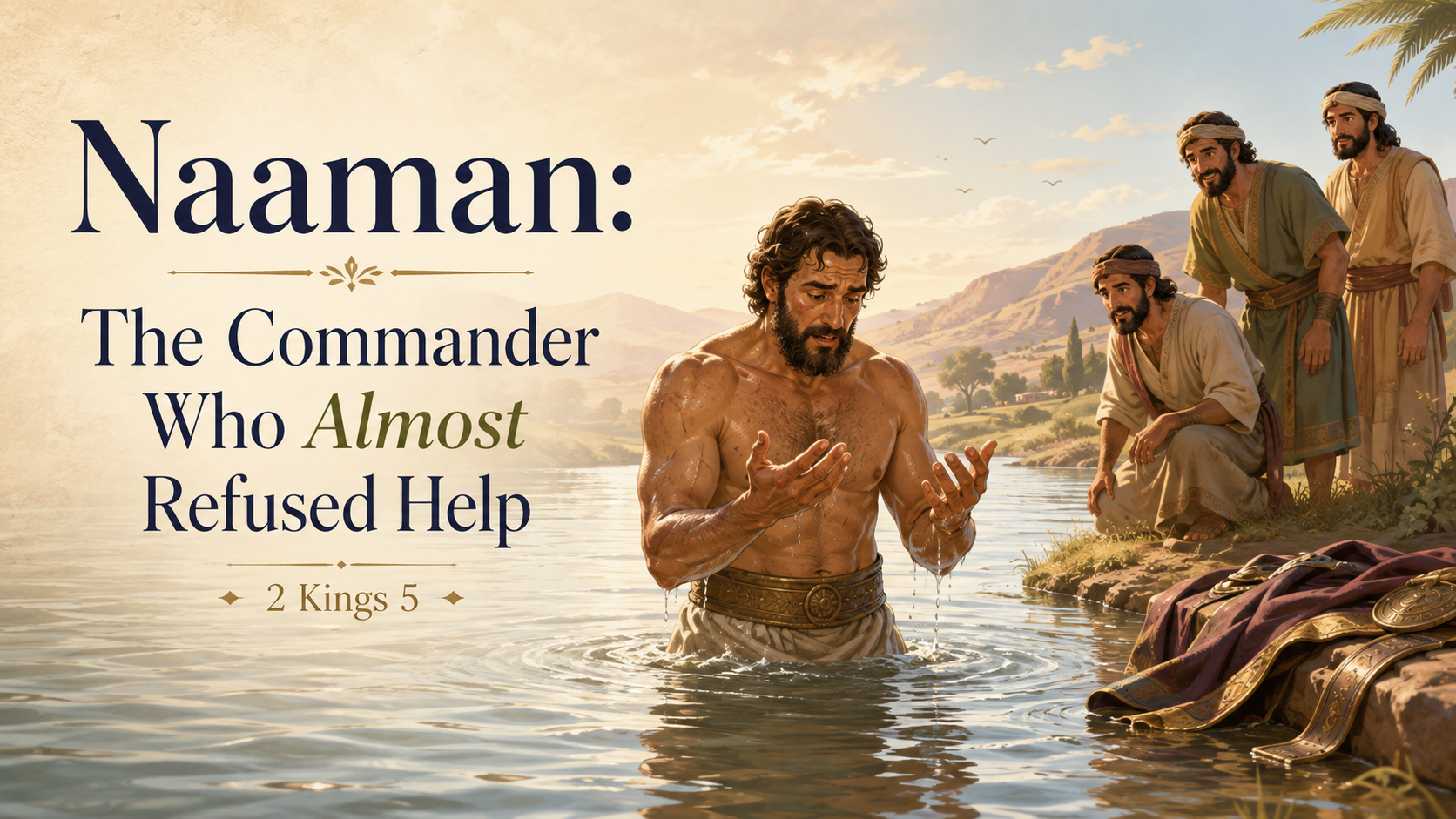 Illustrated biblical scene of Naaman standing in the Jordan River after being healed, with his servants watching from the riverbank and the title “Naaman: The Commander Who Almost Refused Help.”