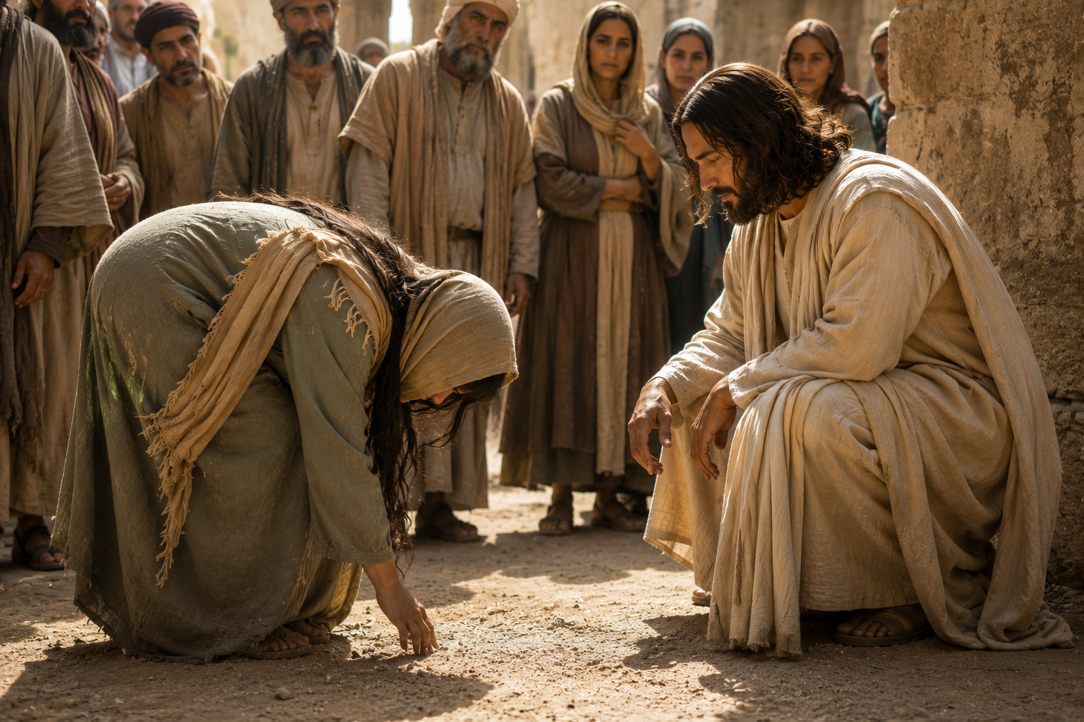 Jesus sees a woman who has been bent over for eighteen years as people watch nearby, illustrating the healing story in Luke 13.
