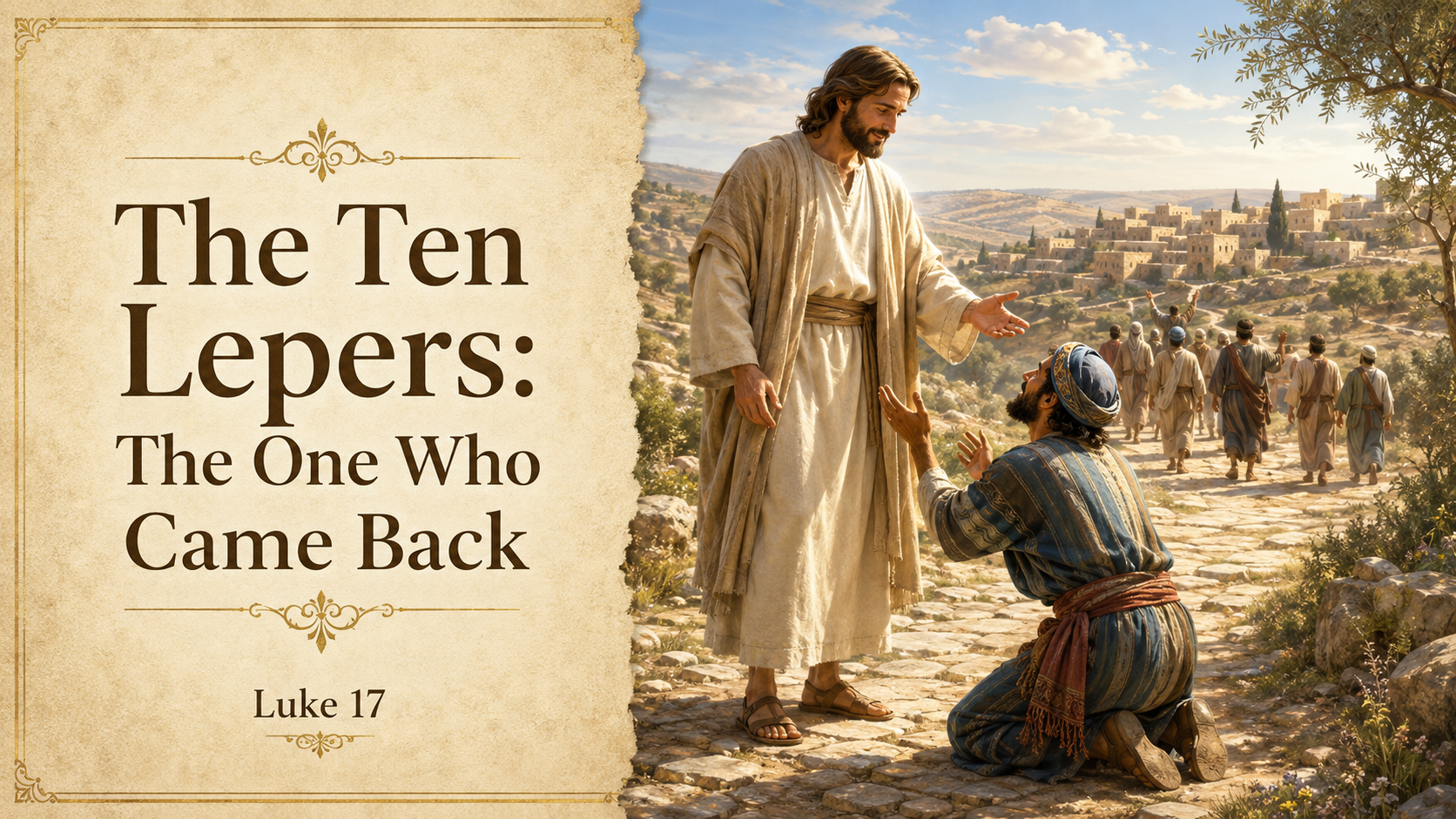 Illustrated biblical scene of Jesus with the Samaritan man who returned to thank him after being healed, while the other nine men continue toward the village.