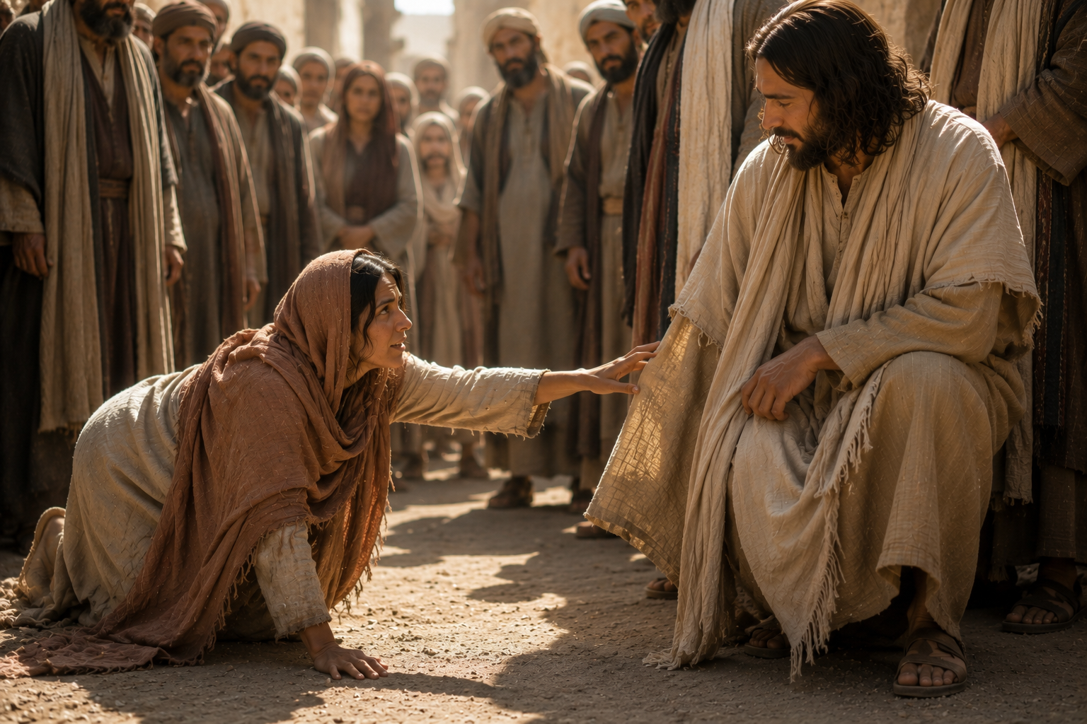 A woman kneeling in a crowd reaches out to touch the hem of Jesus's robe as he turns toward her, illustrating the healing story in Mark 5.