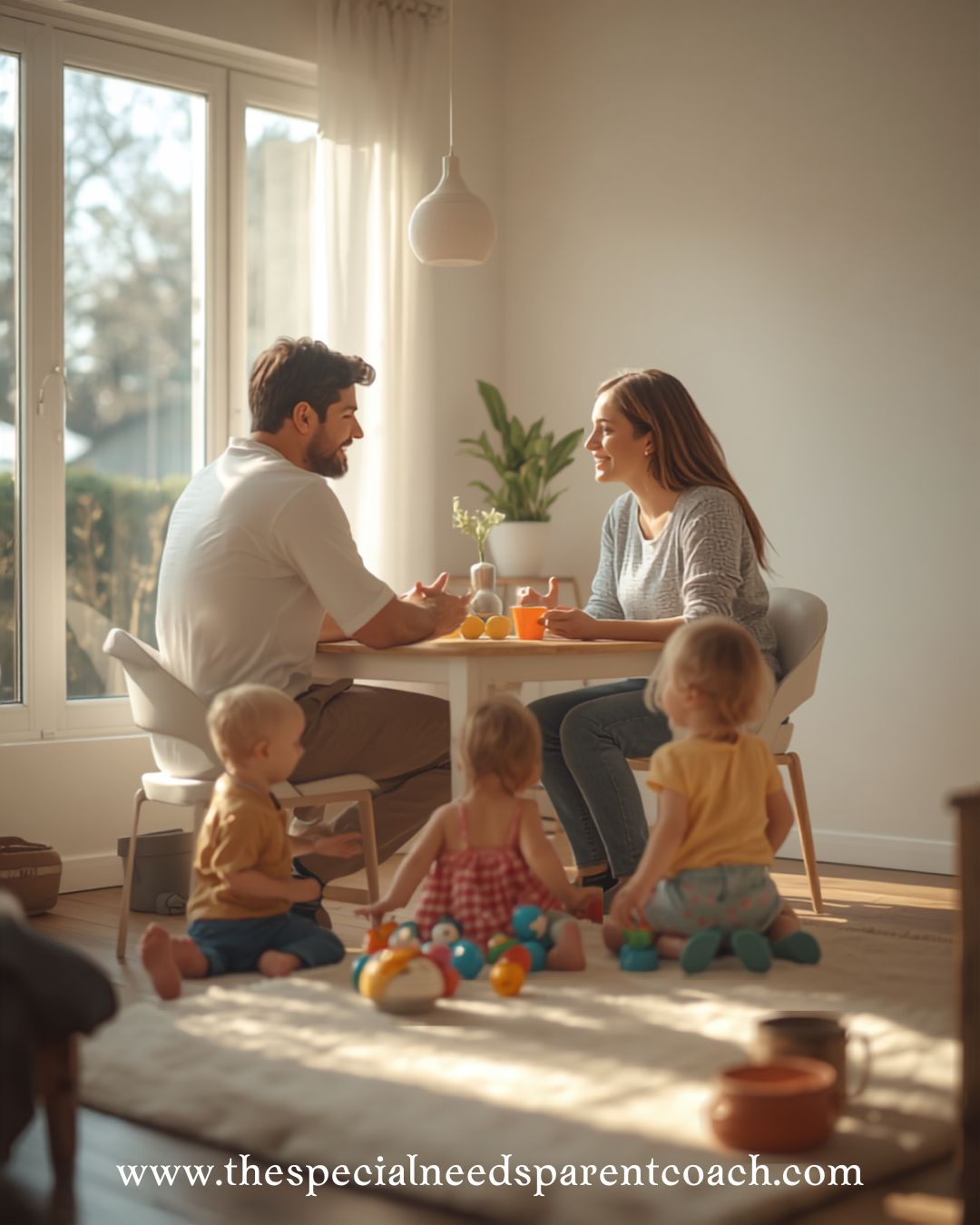 A warm, sunlit photo of two parents sharing a supportive conversation at a kitchen table while several young children play together nearby. The image reflects the hope, connection, and community that family stories create during the Early Childhood Intervention (ECI) journey.