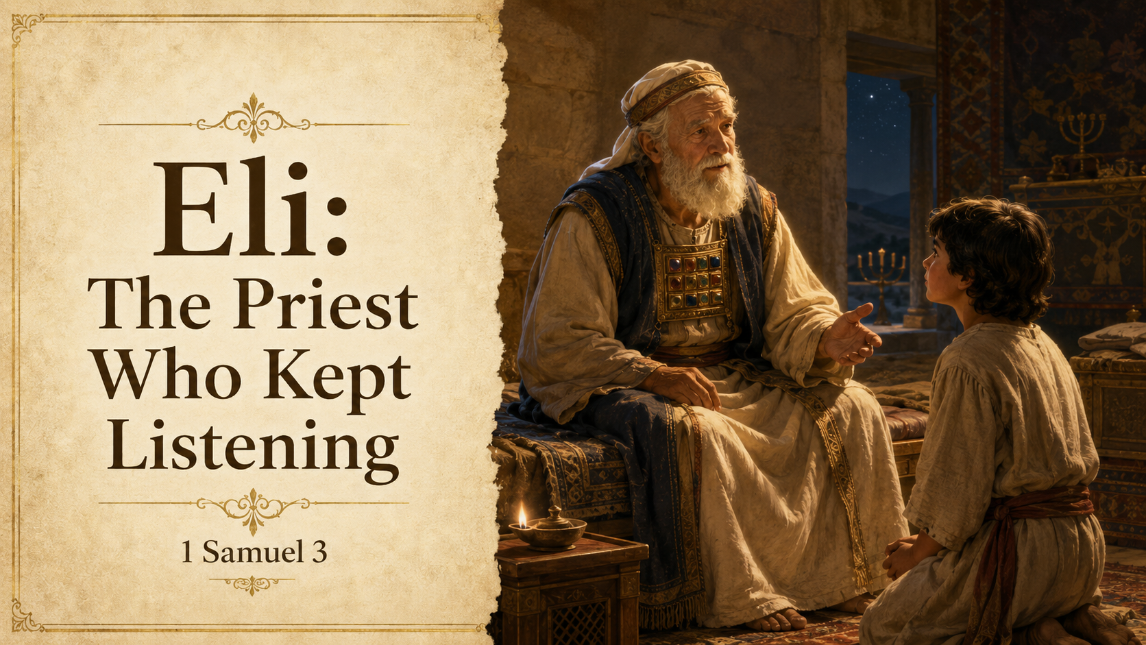 Illustrated biblical scene of the elderly priest Eli guiding the young Samuel at night in Shiloh, with the title “Eli: The Priest Who Kept Listening.”