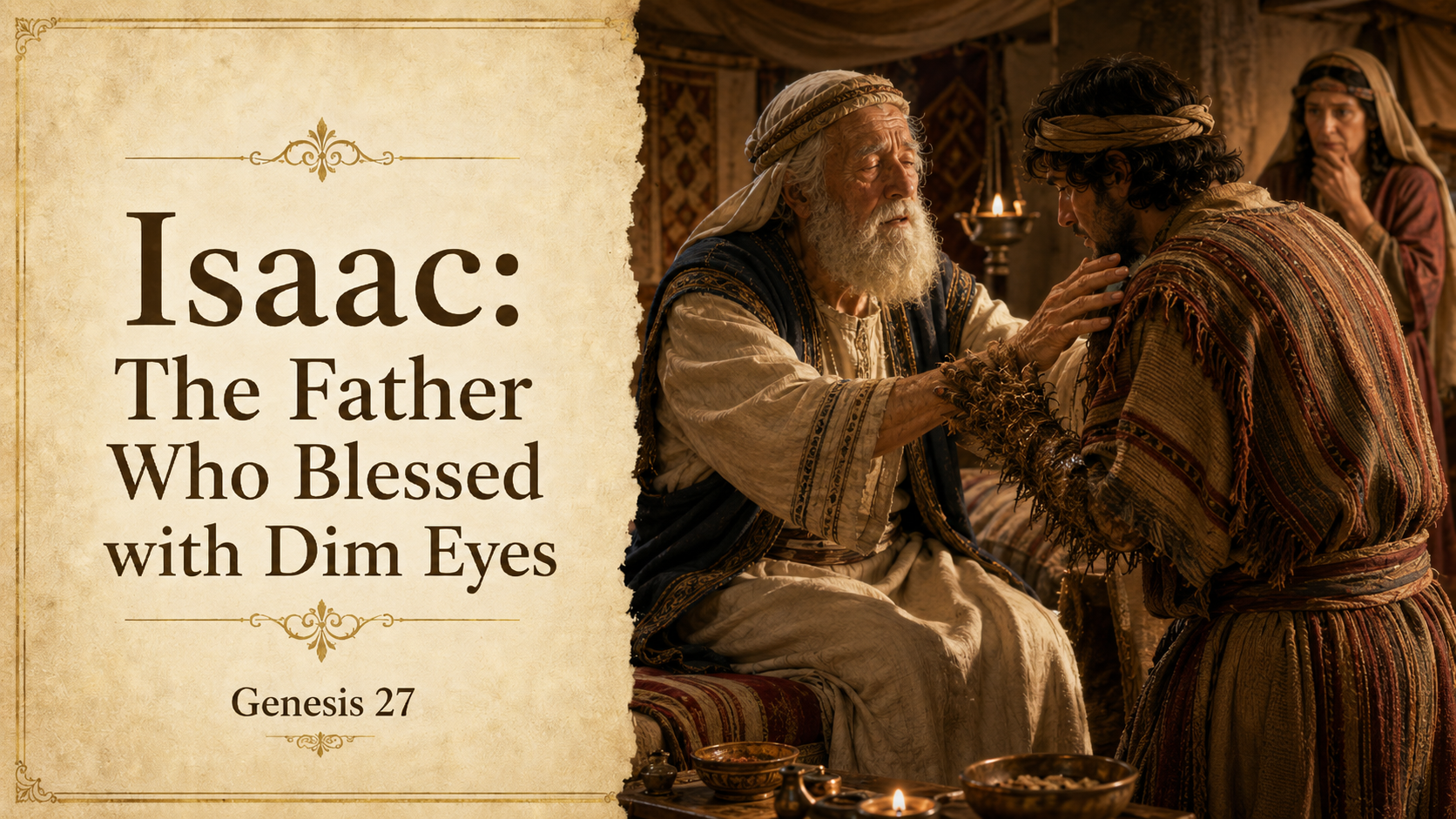 Illustrated biblical scene of the elderly Isaac with dim eyesight reaching out to identify Jacob by touch before giving his blessing, with Rebekah watching in the background.