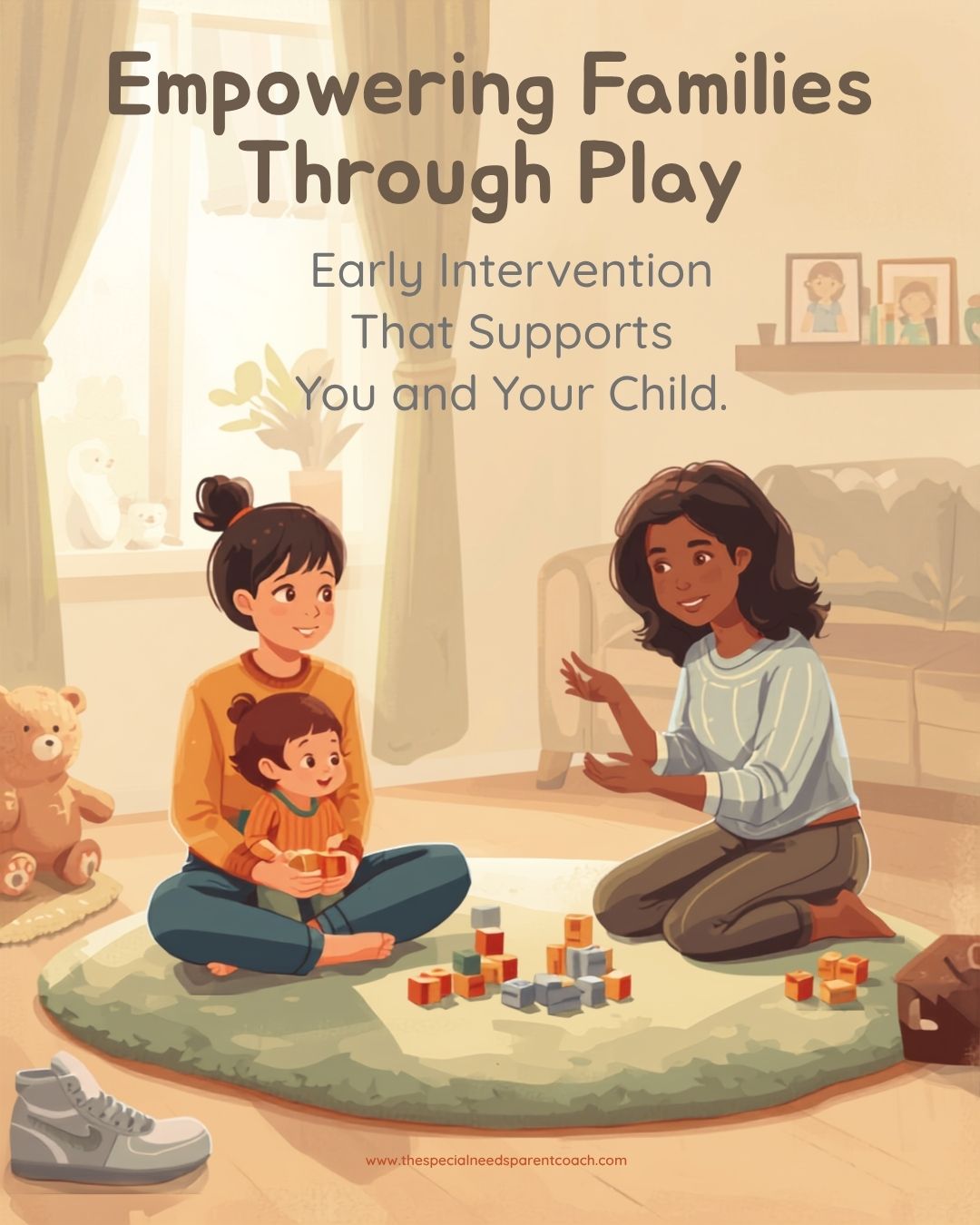 Illustrated blog header showing a parent and toddler sitting on the floor during an Early Childhood Intervention (ECI) home visit while a therapist guides play-based learning. The warm, welcoming scene represents how early intervention supports both children and parents through everyday routines.