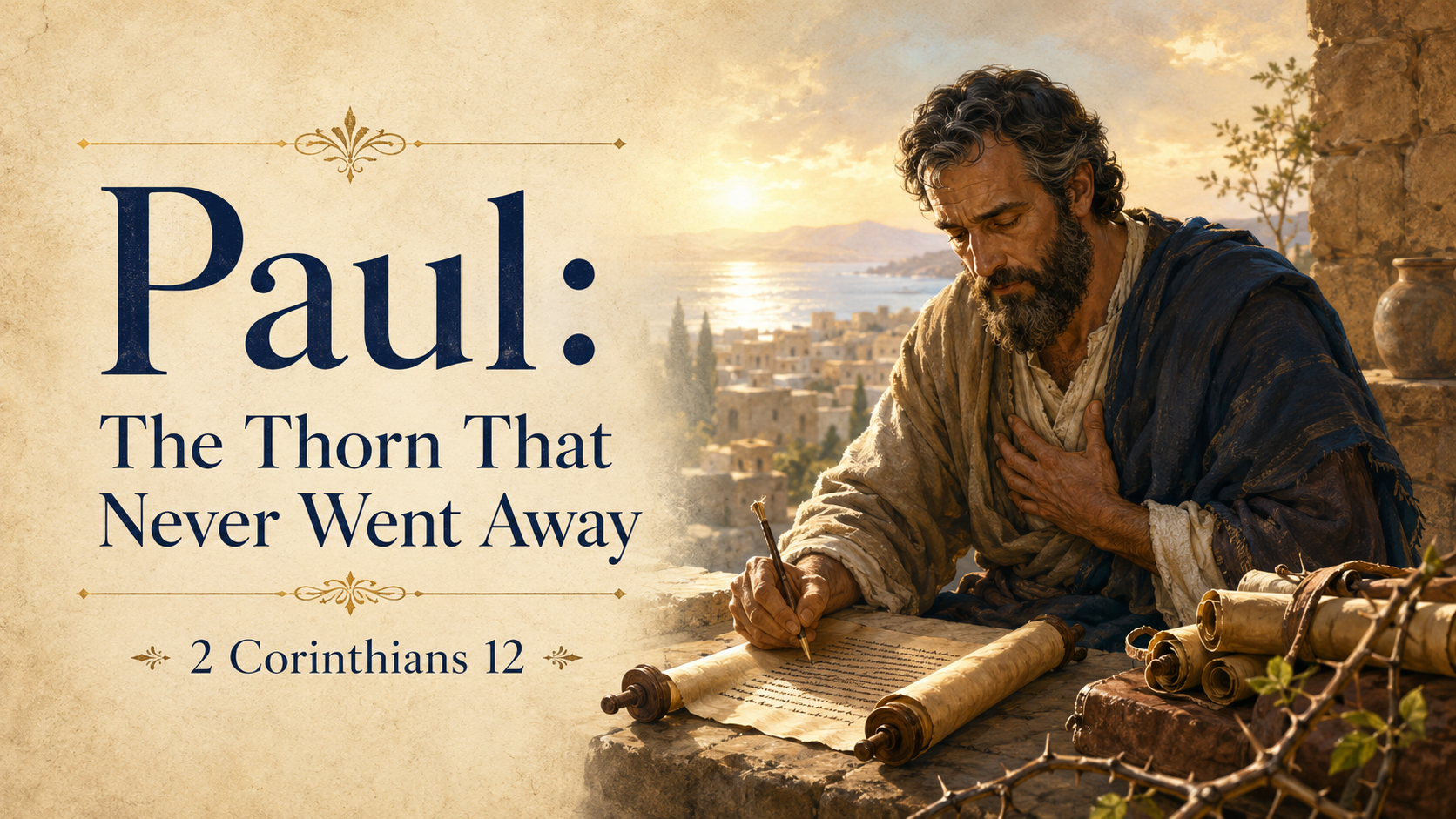 Illustrated biblical scene of the apostle Paul writing on a scroll beside a thorny vine, reflecting the “thorn in the flesh” he asked God to remove in 2 Corinthians 12.