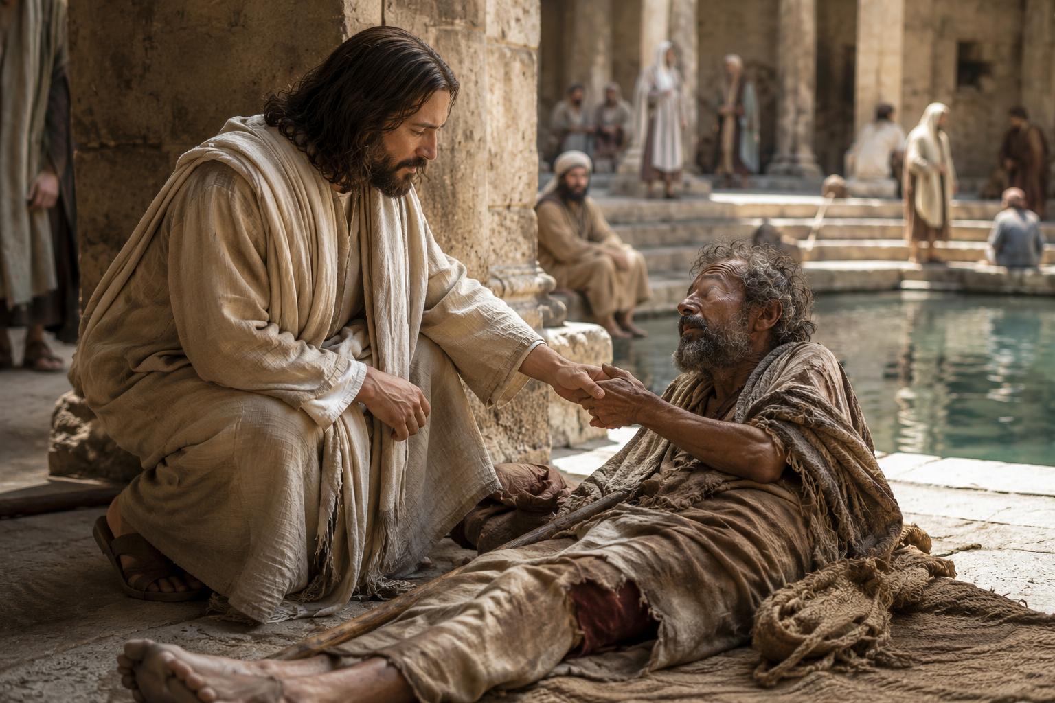Jesus speaks with a disabled man beside the Pool of Bethesda in Jerusalem, illustrating the healing story in John 5.
