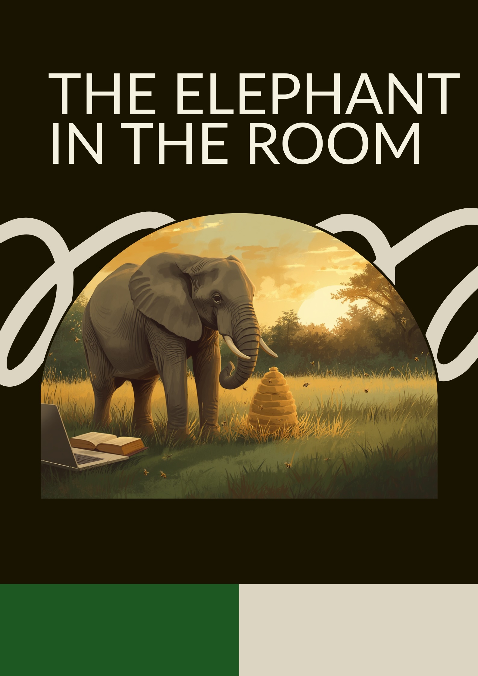 Elephant standing in a sunlit field beside an open book and laptop, illustrating “The Elephant in the Room,” a reflection on AI, authorship, disability, and human voice.