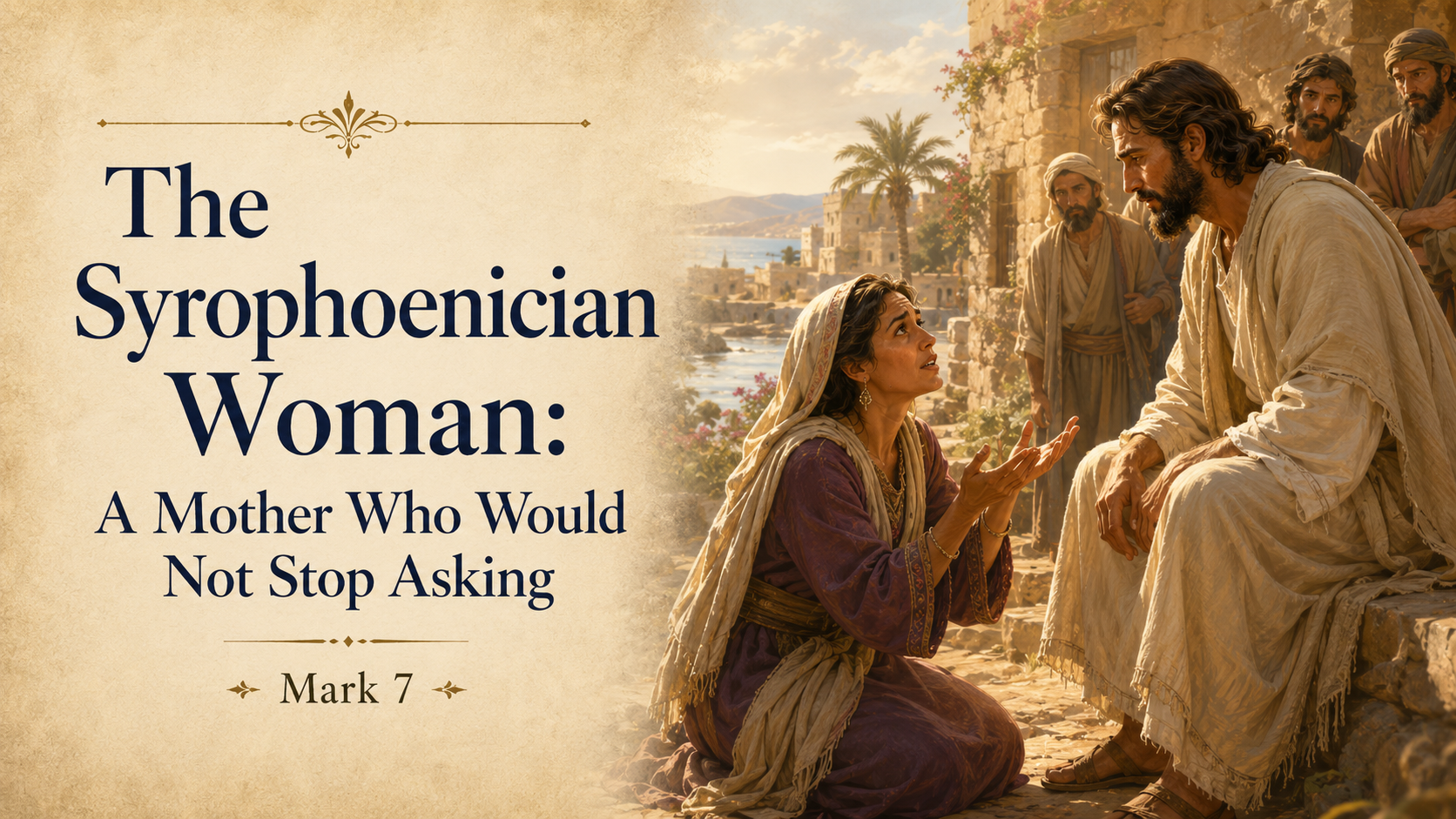 Illustrated biblical scene of the Syrophoenician woman kneeling before Jesus and asking for help for her daughter, with the title “The Syrophoenician Woman: A Mother Who Would Not Stop Asking.”