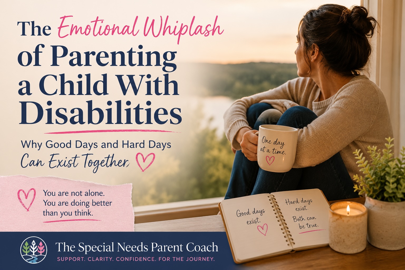 A thoughtful parent sits by a window holding a warm mug while looking out at a peaceful landscape. Soft, calming colors and supportive typography illustrate the emotional highs and lows of raising a child with disabilities, representing resilience, hope, and the reality that joy and grief can exist together.