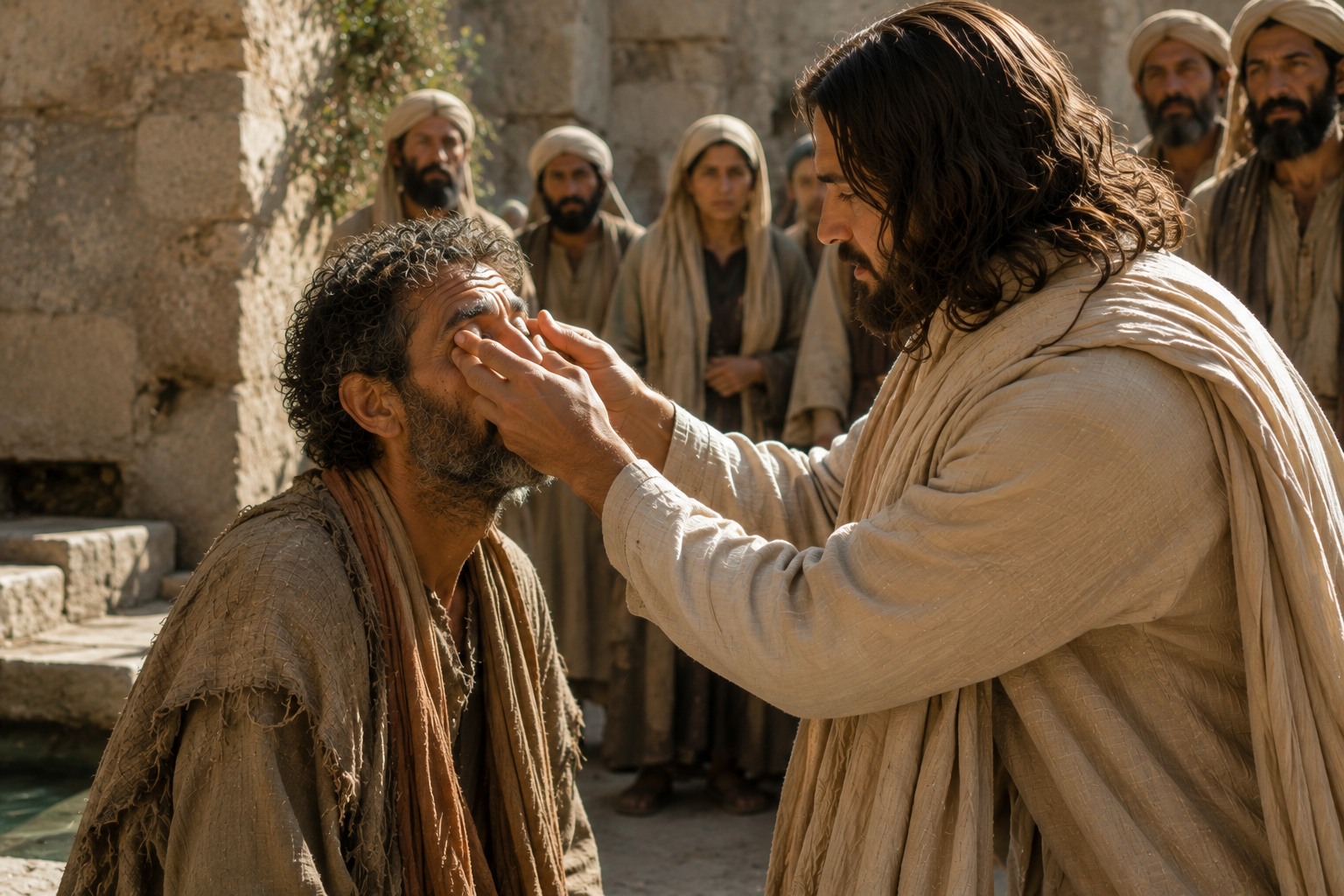 Jesus places his hands over the eyes of a man who had been blind since birth, illustrating the healing story in John 9.