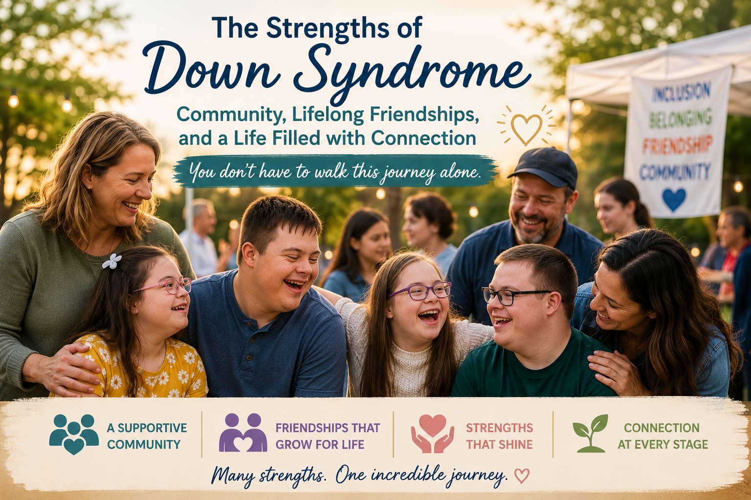 A diverse group of children, teens, and young adults with Down syndrome laugh together with their families at a community gathering, illustrating lifelong friendships, belonging, and the supportive Down syndrome community that grows through every stage of life.
