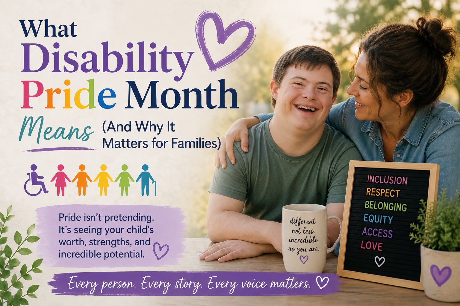 A joyful mother and her young adult son with Down syndrome smile together beside colorful Disability Pride Month graphics featuring inclusive symbols and uplifting messages about belonging, respect, accessibility, and recognizing the worth of every person.