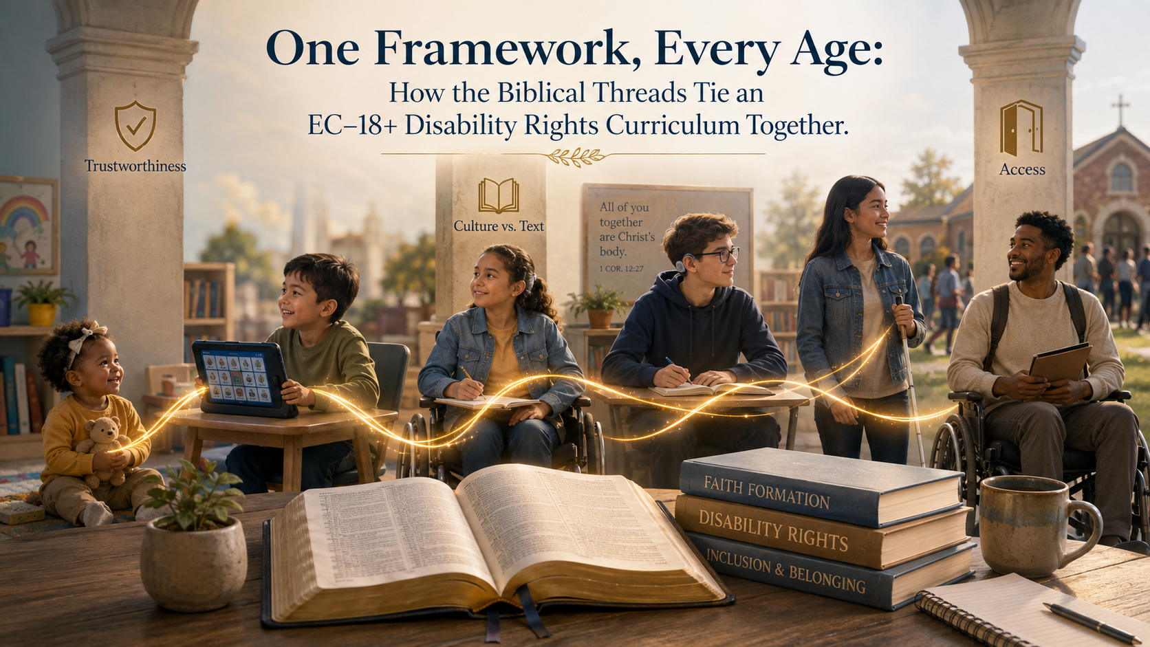 Inclusive faith-based disability rights curriculum spanning early childhood through adulthood, with students using AAC, wheelchairs, hearing supports, and a white cane connected by the themes of trustworthiness, culture versus text, and access.