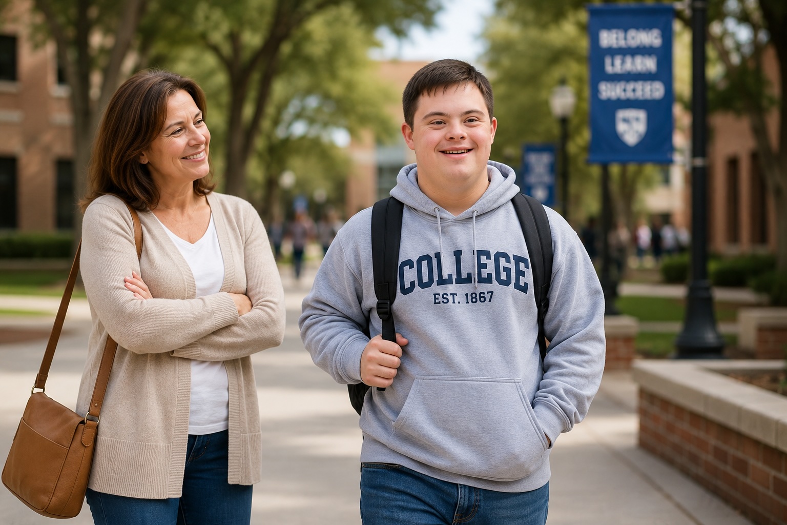 A smiling young adult with Down syndrome walks confidently across a college campus or community setting while a parent looks on with pride and hope, representing the many transition options available after high school, including 18+ programs, inclusive college programs, and employment pathways.